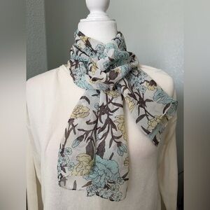Long silk scarf floral blue yellow white preppy 14” X 54”